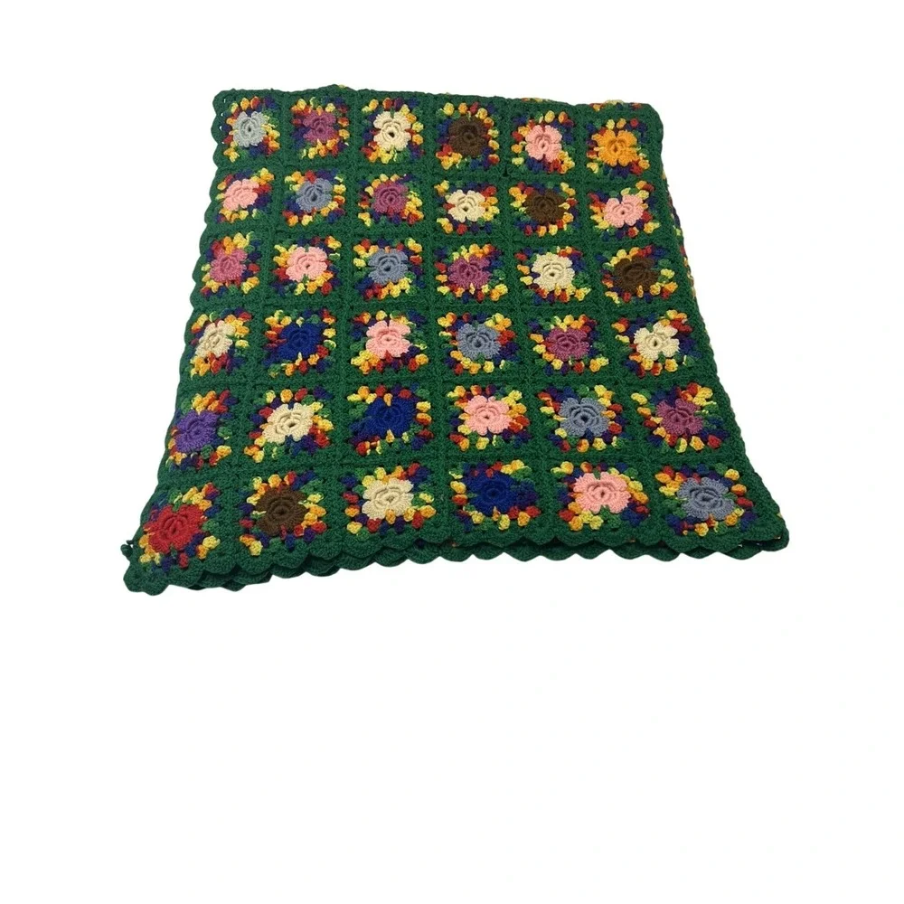 Handmade Granny Square Throw Floral 3D Knit Green Colorful Sofa Blanket Afgan
